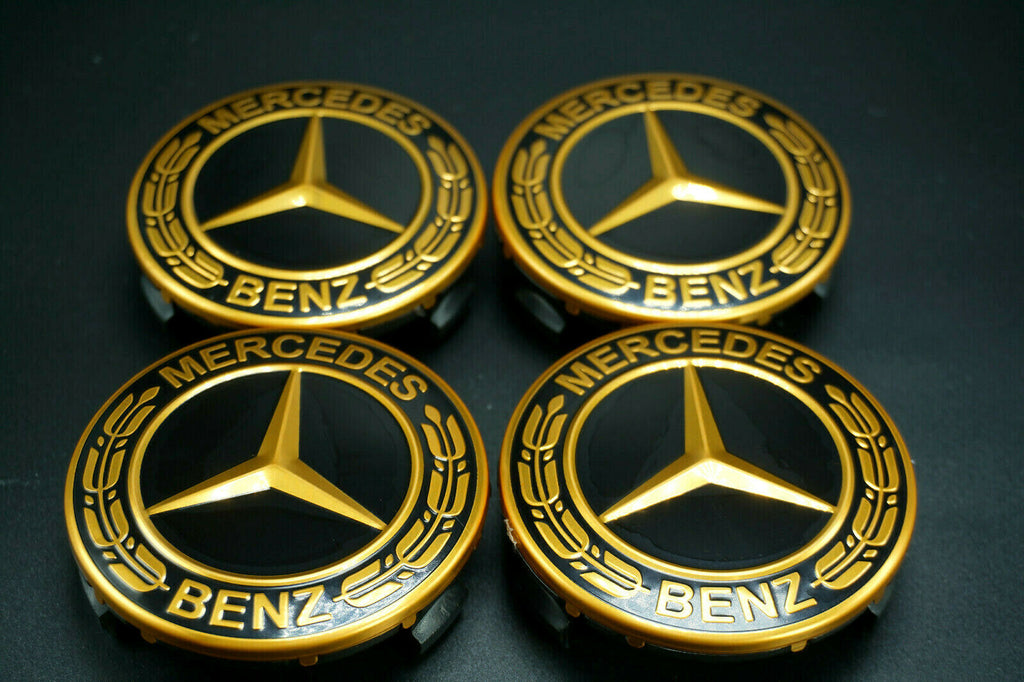 4 Mercedes-Benz Classic Black/GOLD Wheel Center Hub Caps Emblem 75MM